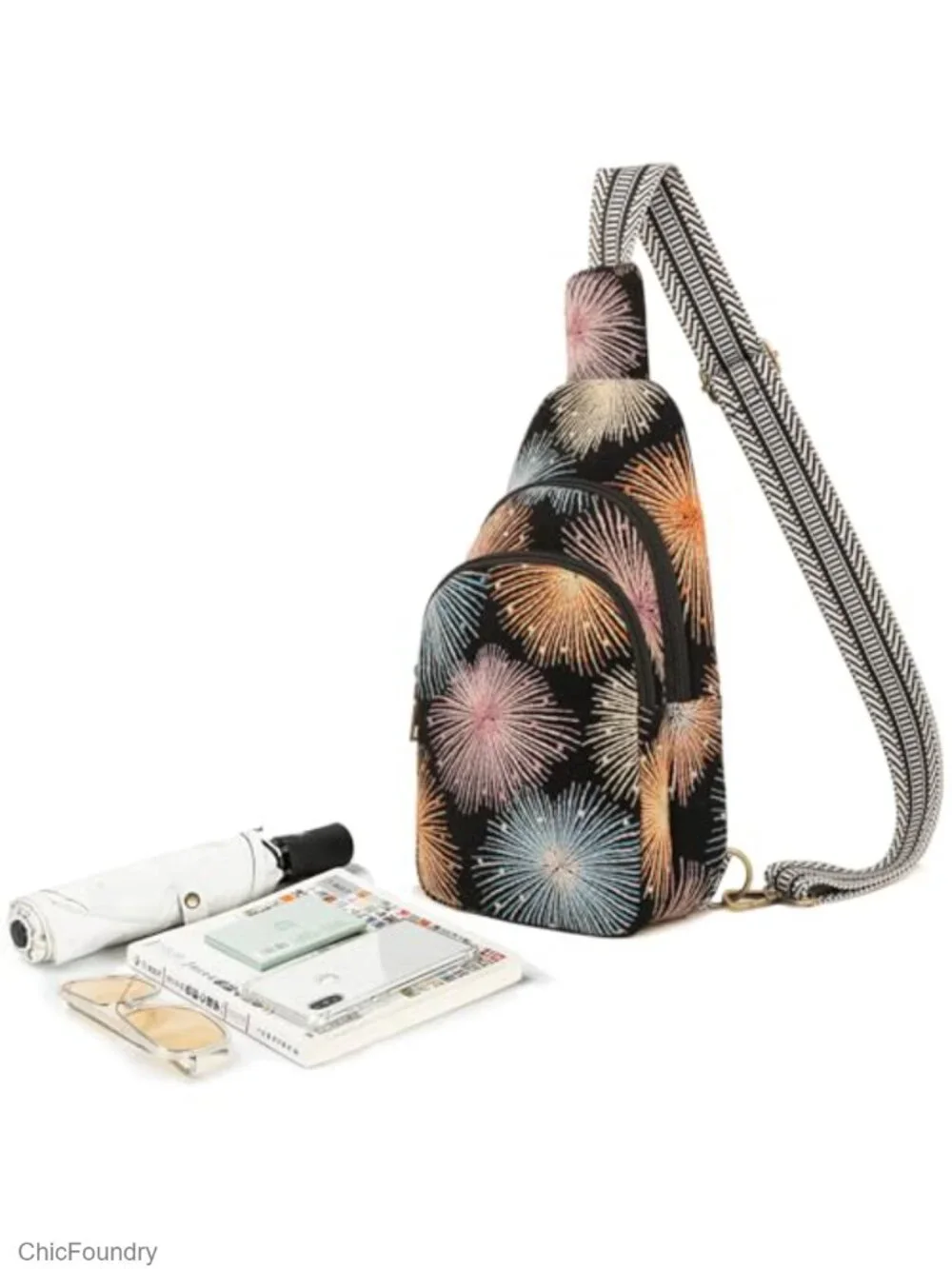 Canvas Convertible Sling Backpack Crossbody Purse with Floral Embroidery